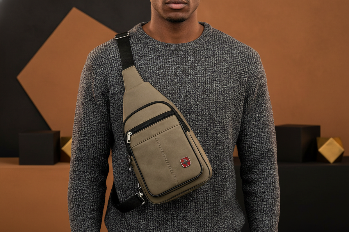 Person from chest down, wearing a pure leather crossbody sling bag in a casual, everyday setting with charcoal and ochre back